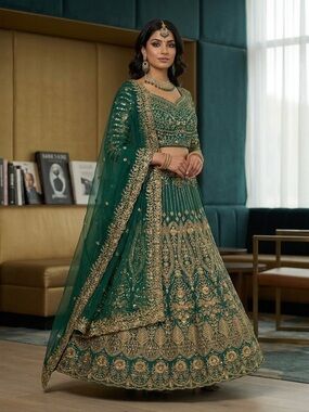 Light Blue Green Bridal Sequin Embroidered Net Lehenga Set